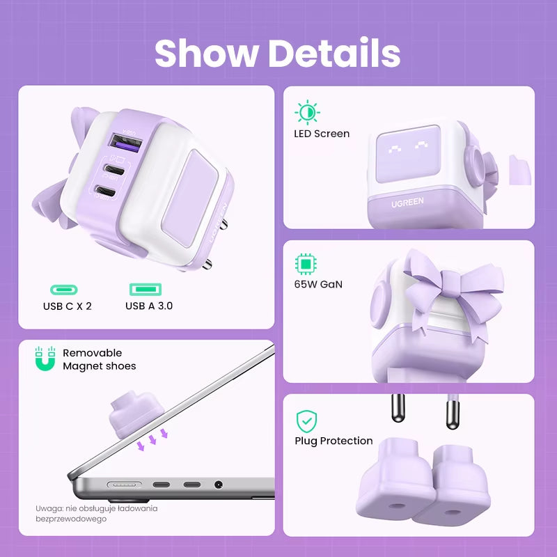 New！ 65W Gan Charger Robot Design Quick Charge 4.0 3.0 PPS for Iphone 16 15 14 Pro Macbook Laptop Tablet PD Fast Charger